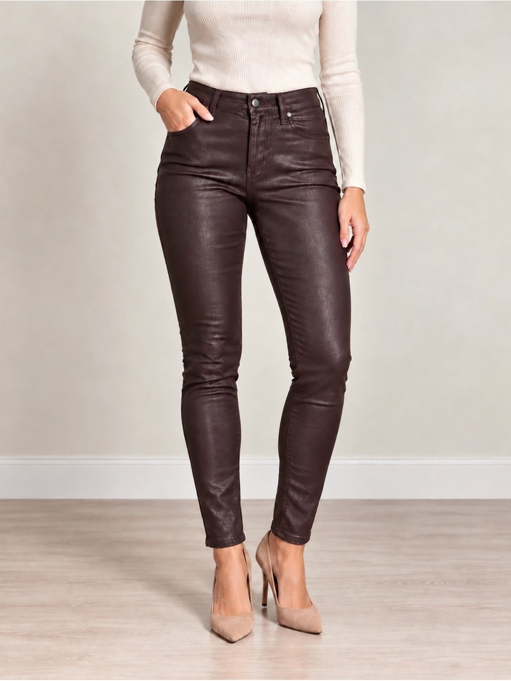 7 For All Mankind Coated Crop Skinny Jeans 29 High Rise Spice Brown Waxed 7FAM